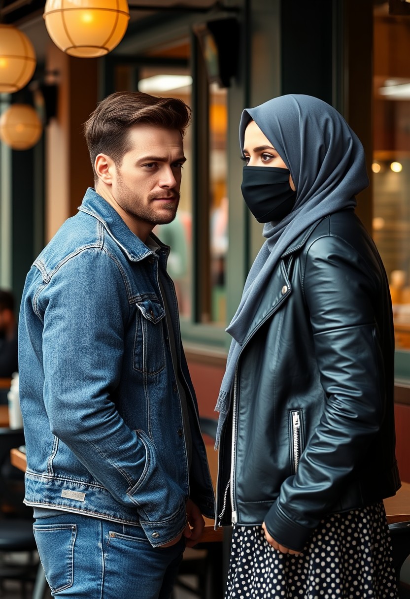 Jamie Dornan's head and body shot, handsome, black face mask, blue jeans jacket, jeans, dating a Muslim girl in a grey hijab, beautiful eyes, black face mask, black leather jacket, largest patterned skirt, talking at a cafe, photorealistic.