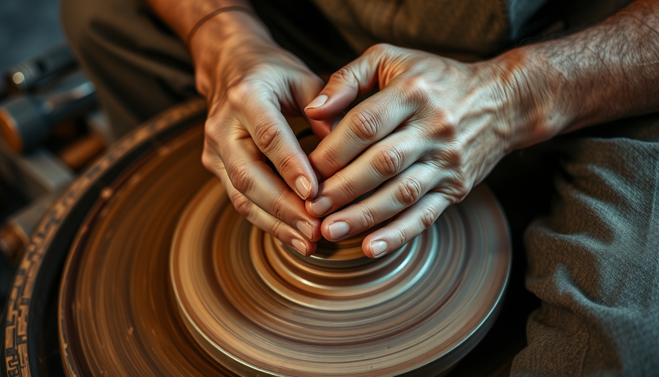 A close-up of a craftsman's hands meticulously shaping a piece of pottery on a spinning wheel, with earthy tones and rich textures. - Image