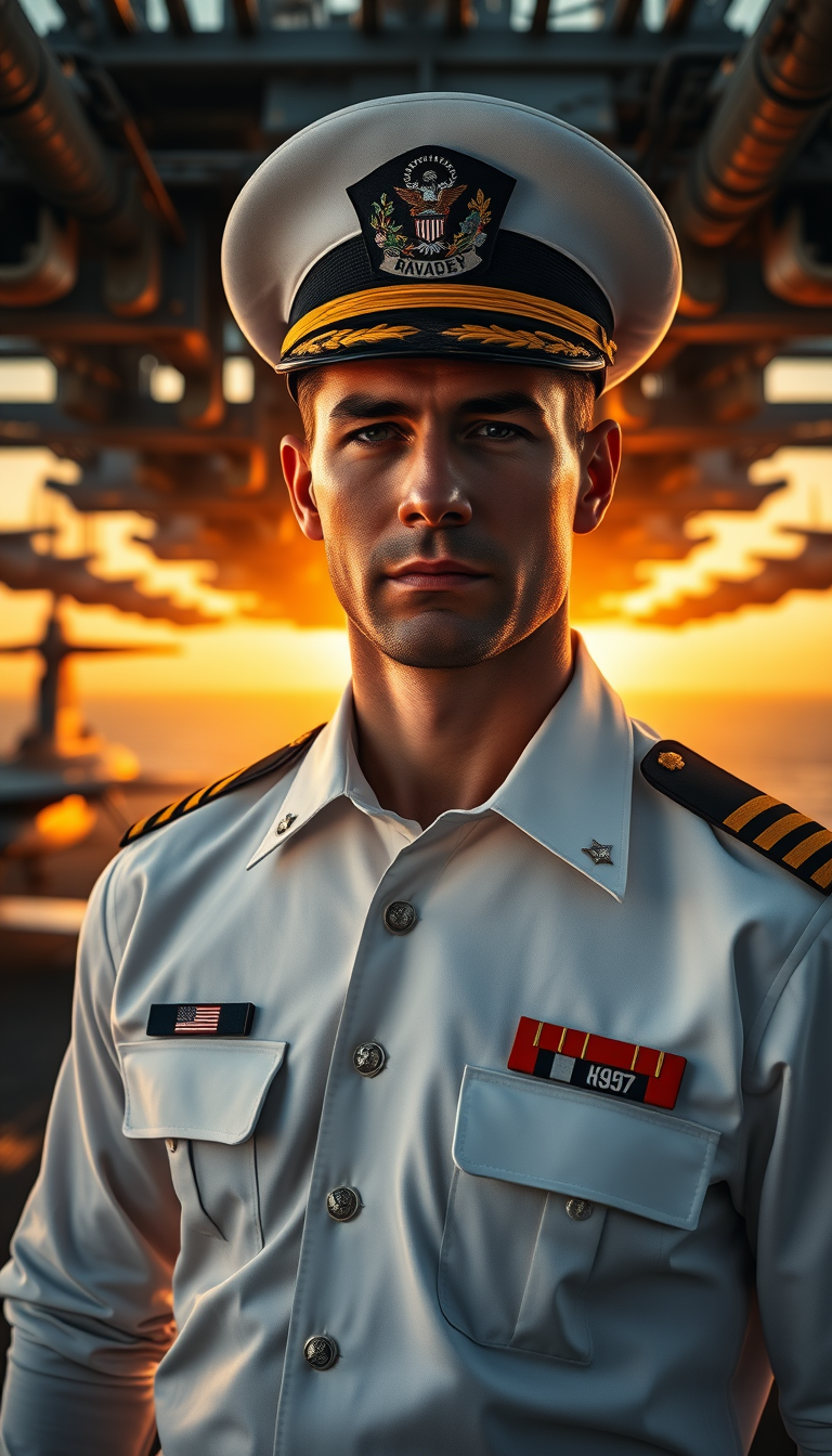 Main Character: A handsome and strong American admiral, appearing younger than his 40s, with a rugged yet distinguished face and a confident demeanor. He's wearing a crisp, perfectly fitted U.S. Navy Admiral uniform, complete with all the appropriate decorations and insignia. His posture is straight and proud, reflecting his authority and experience.  
Background: The vast deck of a modern American aircraft carrier at sea. The background should feature the various intricate details of the carrier deck, such as fighter jets, crew members going about their duties, and the vast expanse of the ocean. The scene should be bathed in the warm, golden light of either sunrise or sunset, creating a dramatic and visually stunning backdrop.  
Visual Style: Professional, cinematic photography, focusing on sharp details, realistic textures, and a deep, rich color palette. The vastness of the carrier and the ocean should be emphasized, creating a sense of scale and grandeur. The admiral should be the clear focal point, his strong presence commanding attention against the impressive backdrop. The image should evoke a sense of power, duty, and the immense responsibility that comes with his rank. Aim for a style similar to renowned war photographers or National Geographic. - Image