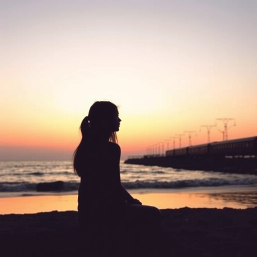 silhouette of a girl sitting on the seashore, sunset, soft colors, gradient, pale pink, orange, warmth, summer, railway and train in the distance, calm, comfort, stillness, wild nature