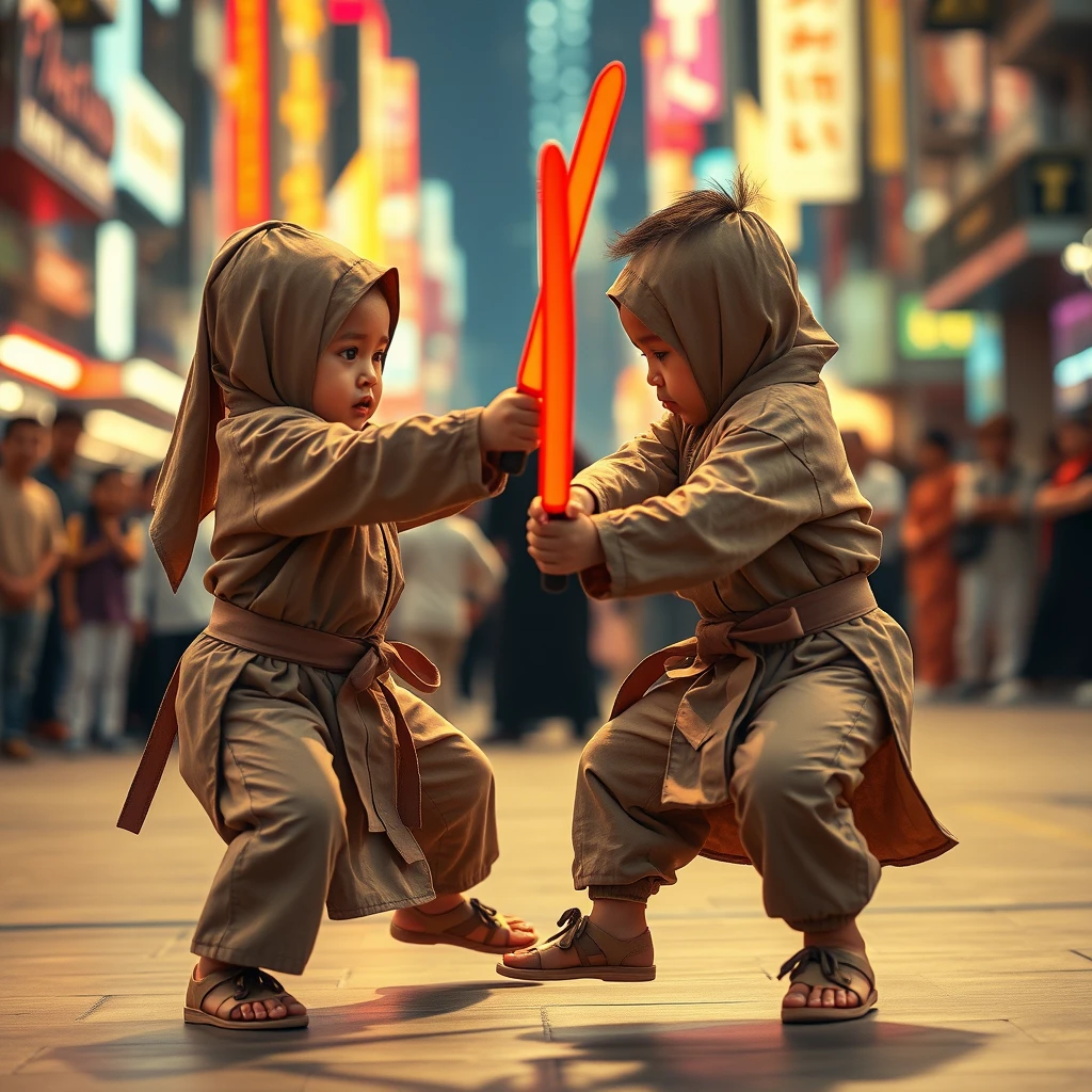 Fighting between two cute Malay babies aged 2 years old who are masters of the art of silat. They are dressed in traditional plain color silat attire holding neon swords. The shots will focus on the intricate details of their movements, showcasing technique and skill. The setting is in a futuristic colorful city and being watched by 500 spectators. The shots will be captured using medium format film, with a sharp focus on the subjects' faces and bodies. The camera settings will be optimized to capture the details of the subjects' movements. One person will be in motion performing jump kicks and strikes. Insanely detailed and intricate, hyper-maximalist, elegant, hyper-realistic, super detailed photography, photorealistic 16:9.