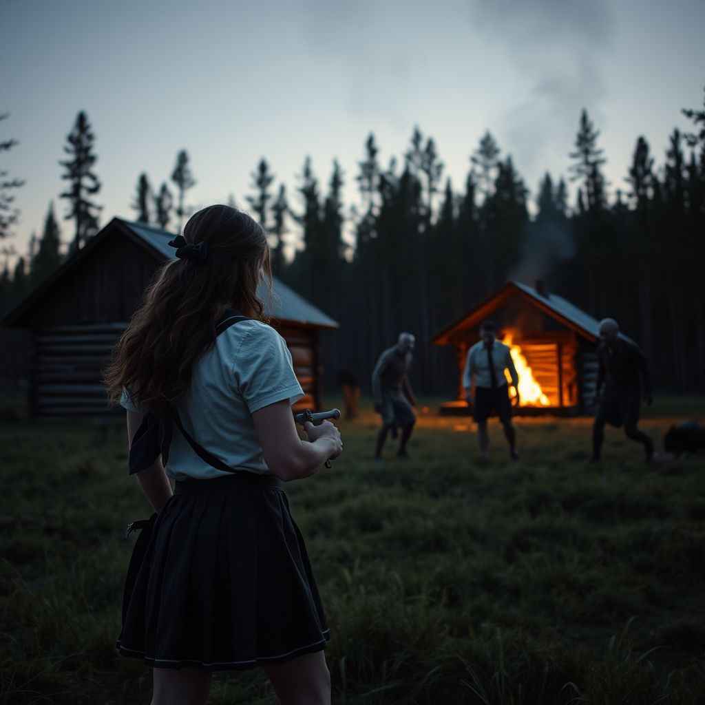 Real-life photography, long shot: In the evening, in the forest, there is a wooden cabin, and not far away, a female barbarian wearing a school uniform skirt is holding a dagger, looking at two zombies in the distance. The zombies are dressed. The cabin is on fire.