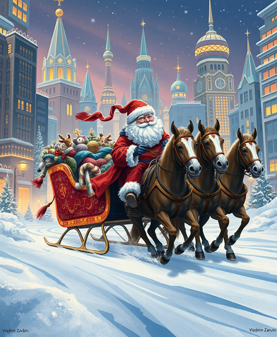 Russian Snow Grandfather rides in a festive sleigh pulled by three horses through a futuristic city decorated with Christmas lights. Illustration by Vladimir Zarubin. - Image