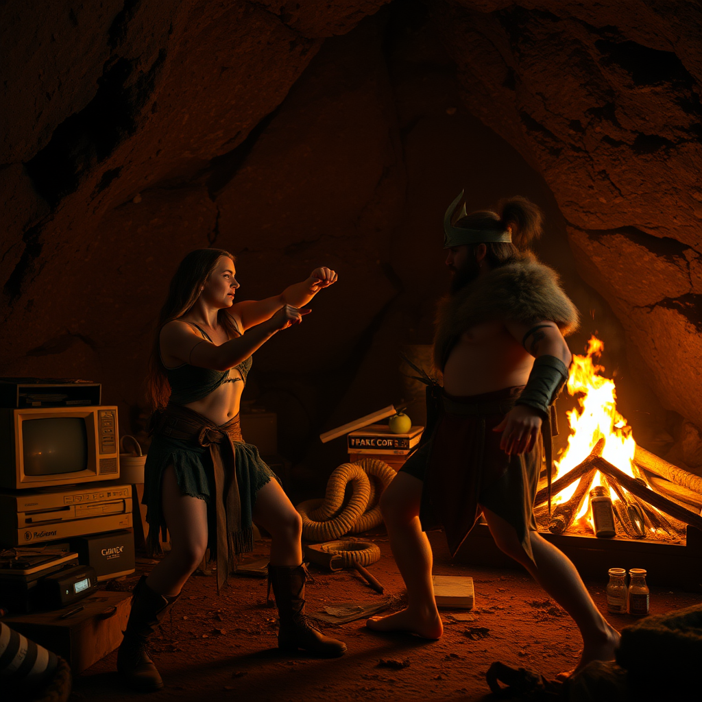 Real-life photography: At night, in the cave, there is a female barbarian and a male barbarian. The cave is very large, with a bonfire, a 90s desktop computer, and some messy household items. The female barbarian is swinging her fist to hit the male barbarian.