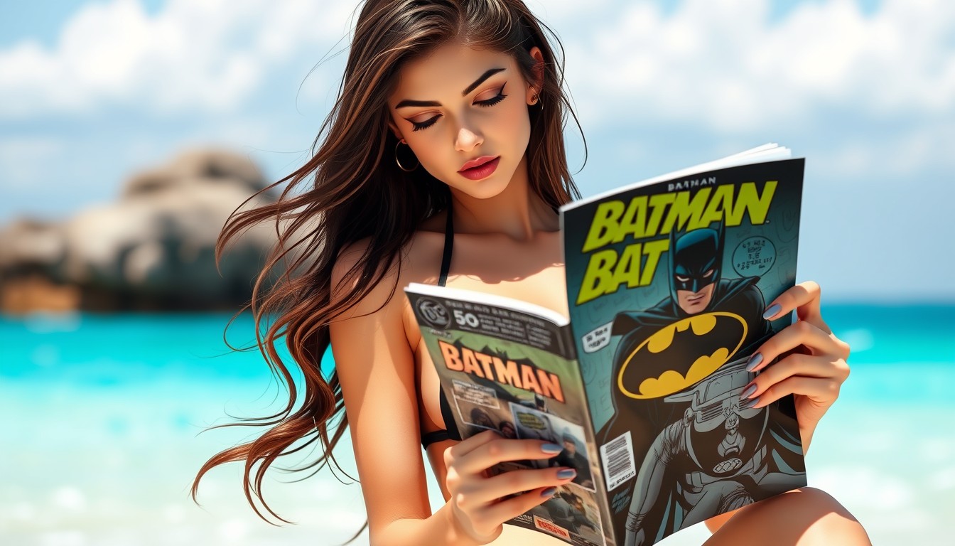 A beautiful long-haired brunette girl wearing a black bikini reading a Batman comic.