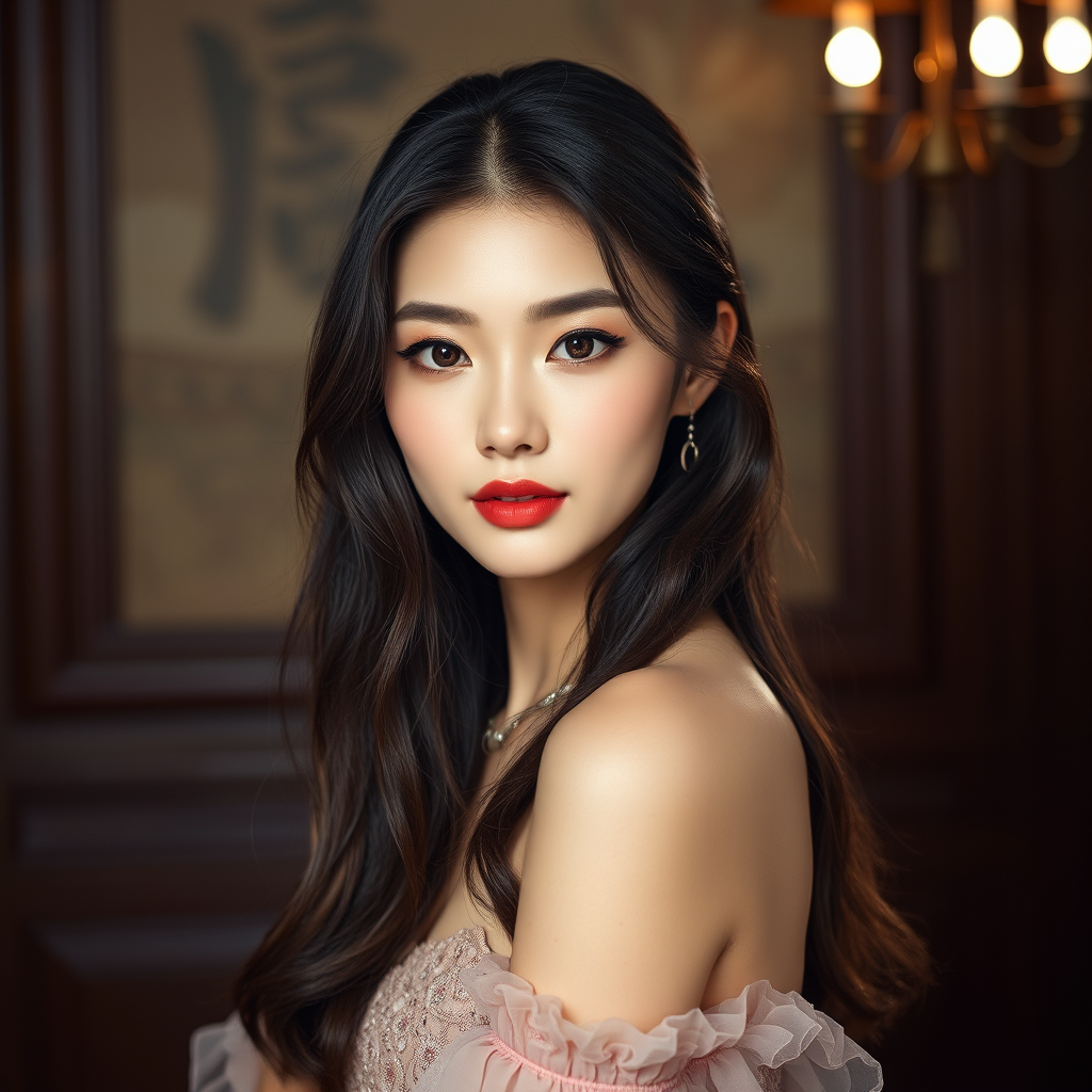 Graceful Korean model, exuding charm and poise, captured in a high-fashion photography setting that harmoniously combines artistic elements with a touch of allure. The image highlights a refined presentation of elegance, featuring high-definition textures and meticulous lighting, showcased in an elegant aspect ratio, whole-body.