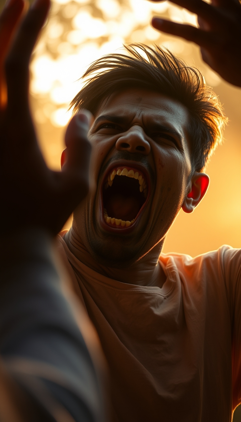 Malay guy demonic possession scene, exorcism horror style, intense expressions. Shadow casting, golden hour, bokeh, zombie face, haunted face, intricate detail. - Image