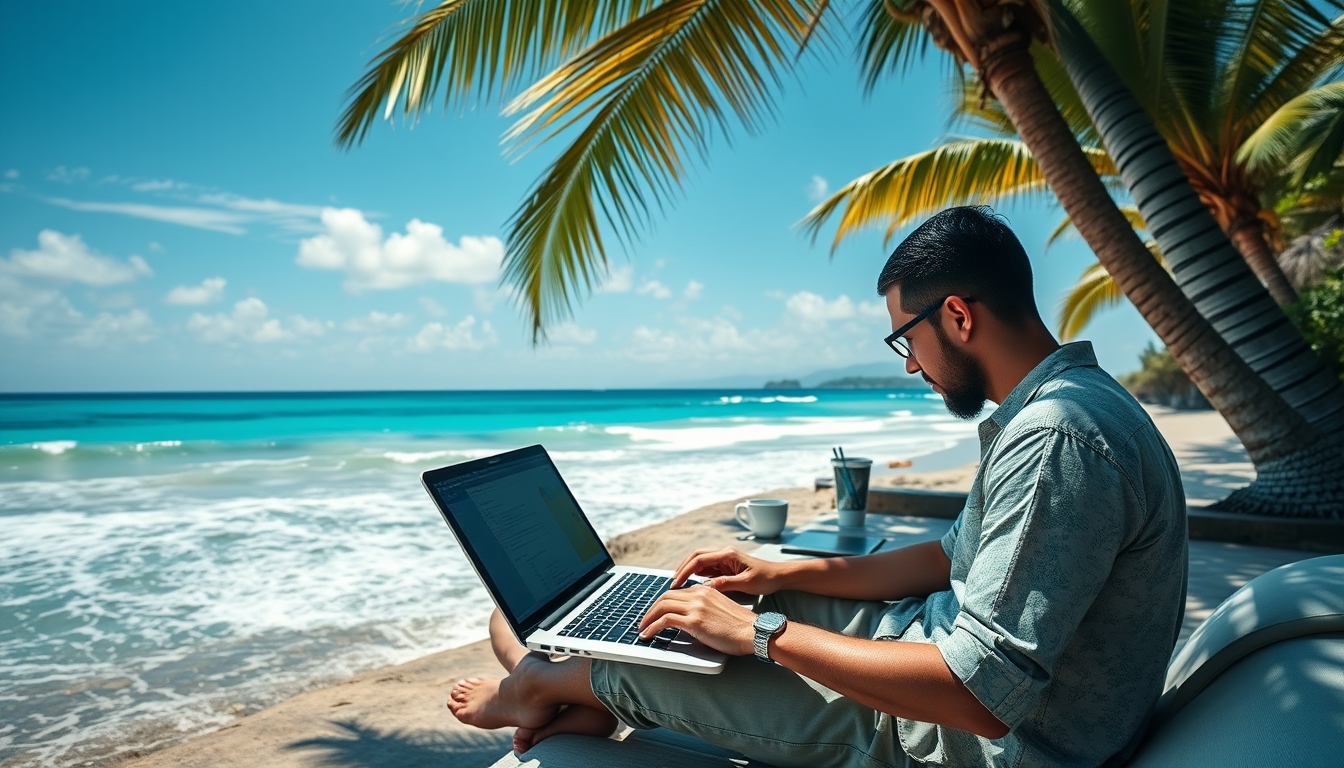 A digital artist working on a laptop in a tropical location, with the ocean in the background, emphasizing the freedom of remote work. - Image