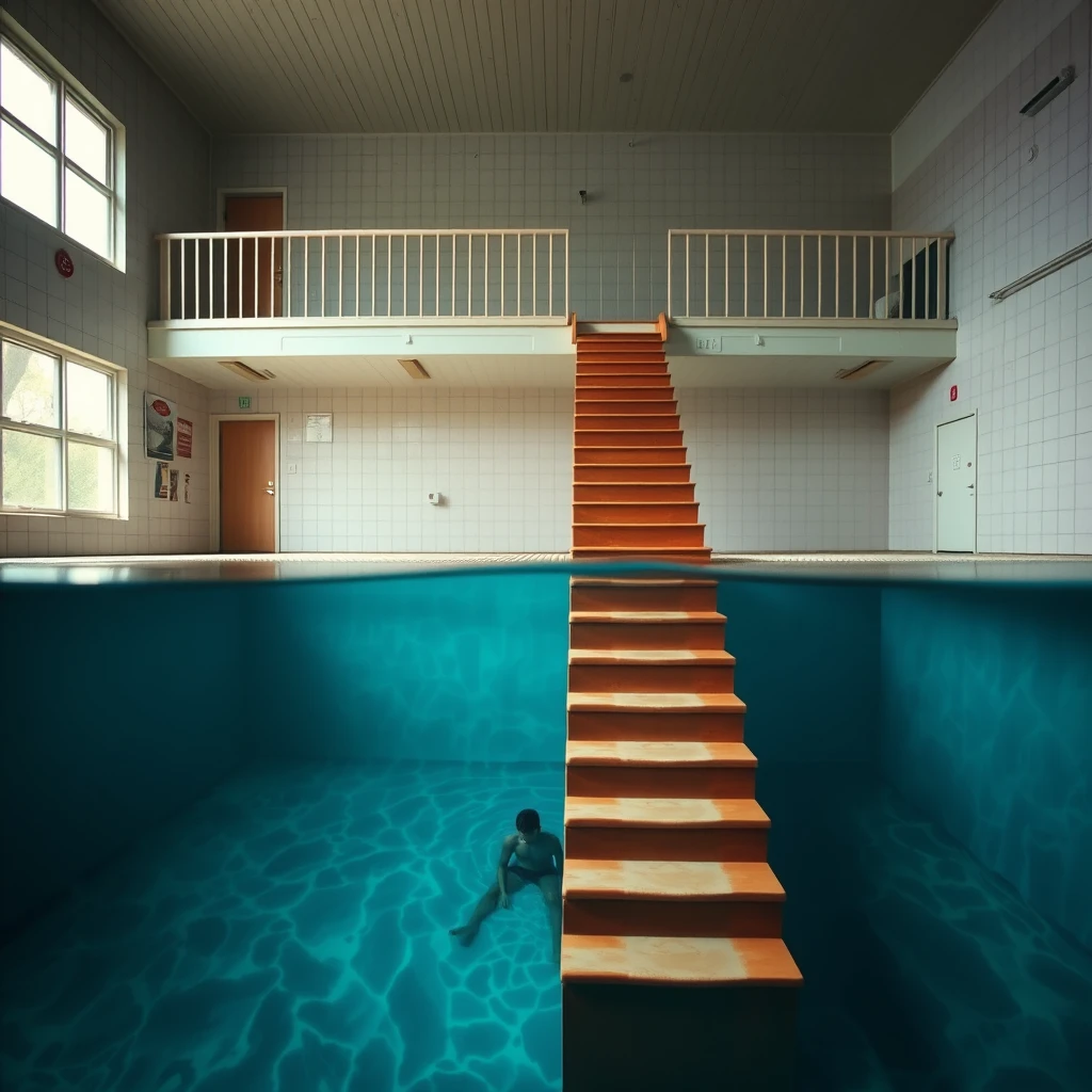 There is a strange swimming pool with steps extending from the second floor down to the pool and to the bottom of the water, where someone is at the bottom.