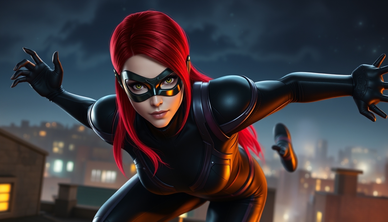 Red head with dark green eyes, metallic black eye mask, a black futuristic spandex outfit with dark purple armor on her shoulders, jumping rooftops in the night sky, realistic and dynamic appearance.