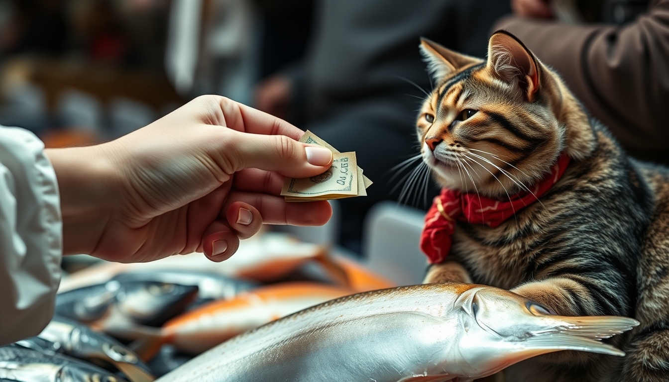 Image of a hand offering money to a fishmonger cat, holding fish, 8k, ultra detailed, at the market.