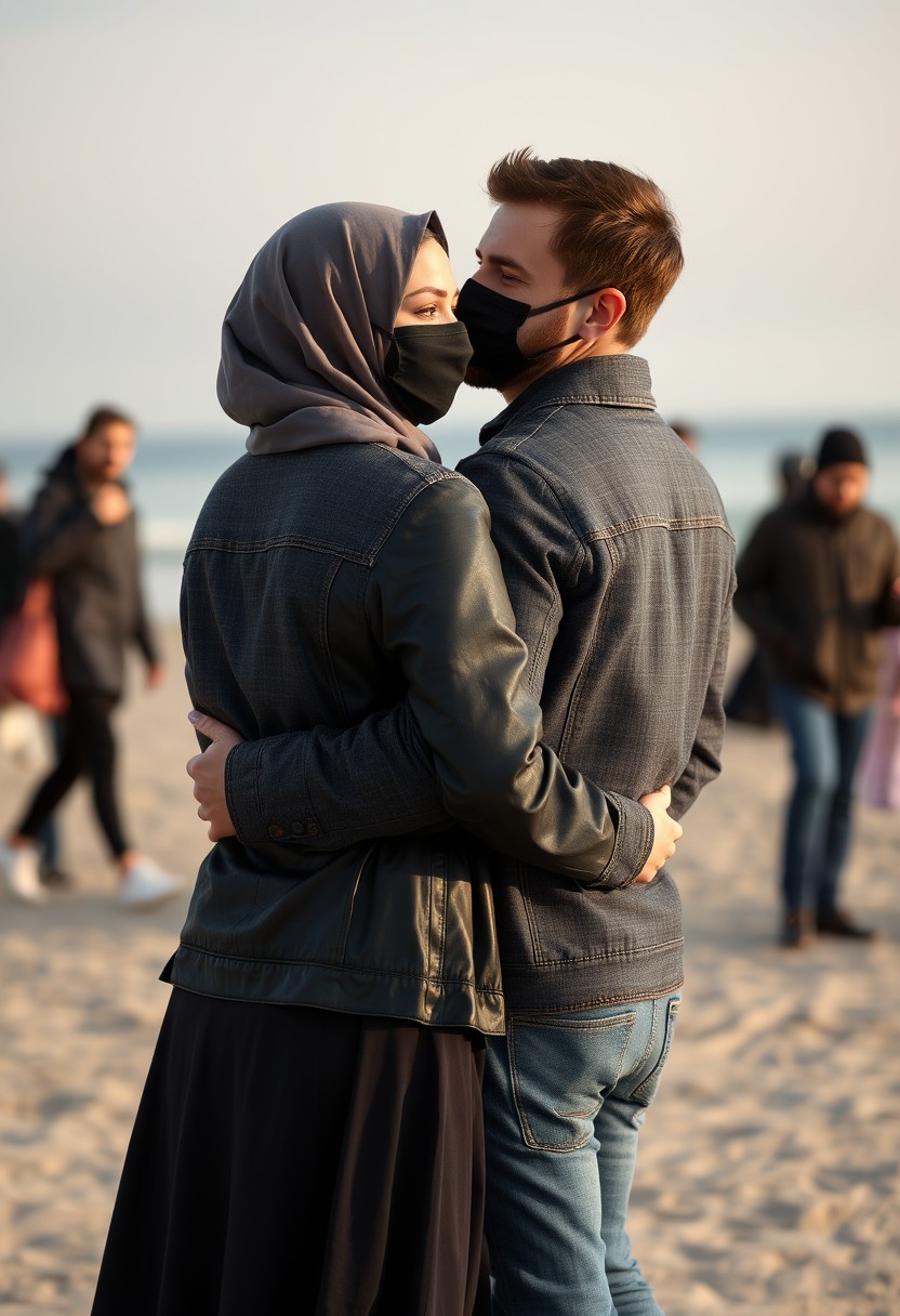 Jamie Dornan's head and body shot, handsome, face mask black, jeans jacket, jeans, dating, love couple, hug from back, with the biggest grey hijab Muslim girl, face mask black, beautiful eyes, black leather jacket, biggest skirt, at beach, hyper realistic, street photography. - Image