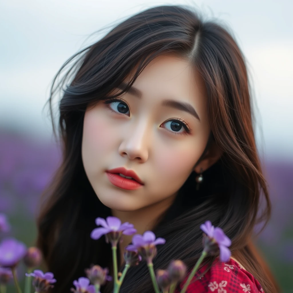 Beautiful Korean girl, 20 years old, she is looking ahead, purple flower field, mystical, beautiful, Korean, KPOP, mystical, high definition, cool, atmosphere, daytime. - Image