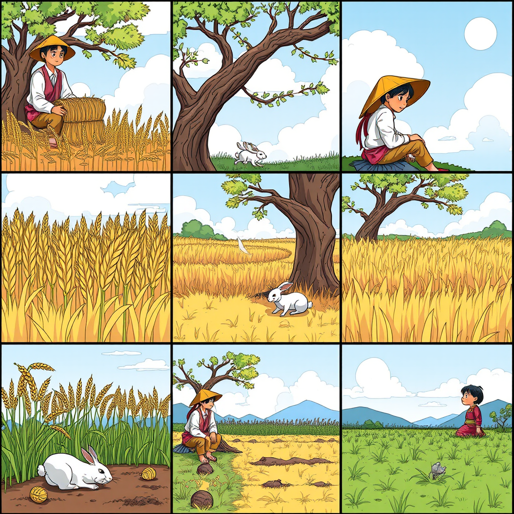 The image style is "cyberpunk," featuring an ancient farmer in a nine-cell format. 
The characters in each scene will all be the same farmer, ensuring that the face shape and clothing remain consistent throughout.
Cell one: The farmer is harvesting wheat.
Cell two: The farmer is sitting under a tree; a rabbit is rushing by.
Cell three: The rabbit is lying on the ground.
Cell four: The farmer is sitting under the tree.
Cell five: The farmer sighs while sitting under the tree.
Cell six: The farmer stares blankly at the sky.
Cell seven: The crops have withered.
Cell eight: The farmer is planting seeds in the field.
Cell nine: Everything is gone. - Image