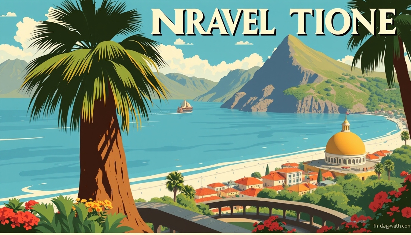 A stylized, retro-inspired travel poster featuring a picturesque destination, with bold typography and vibrant colors.