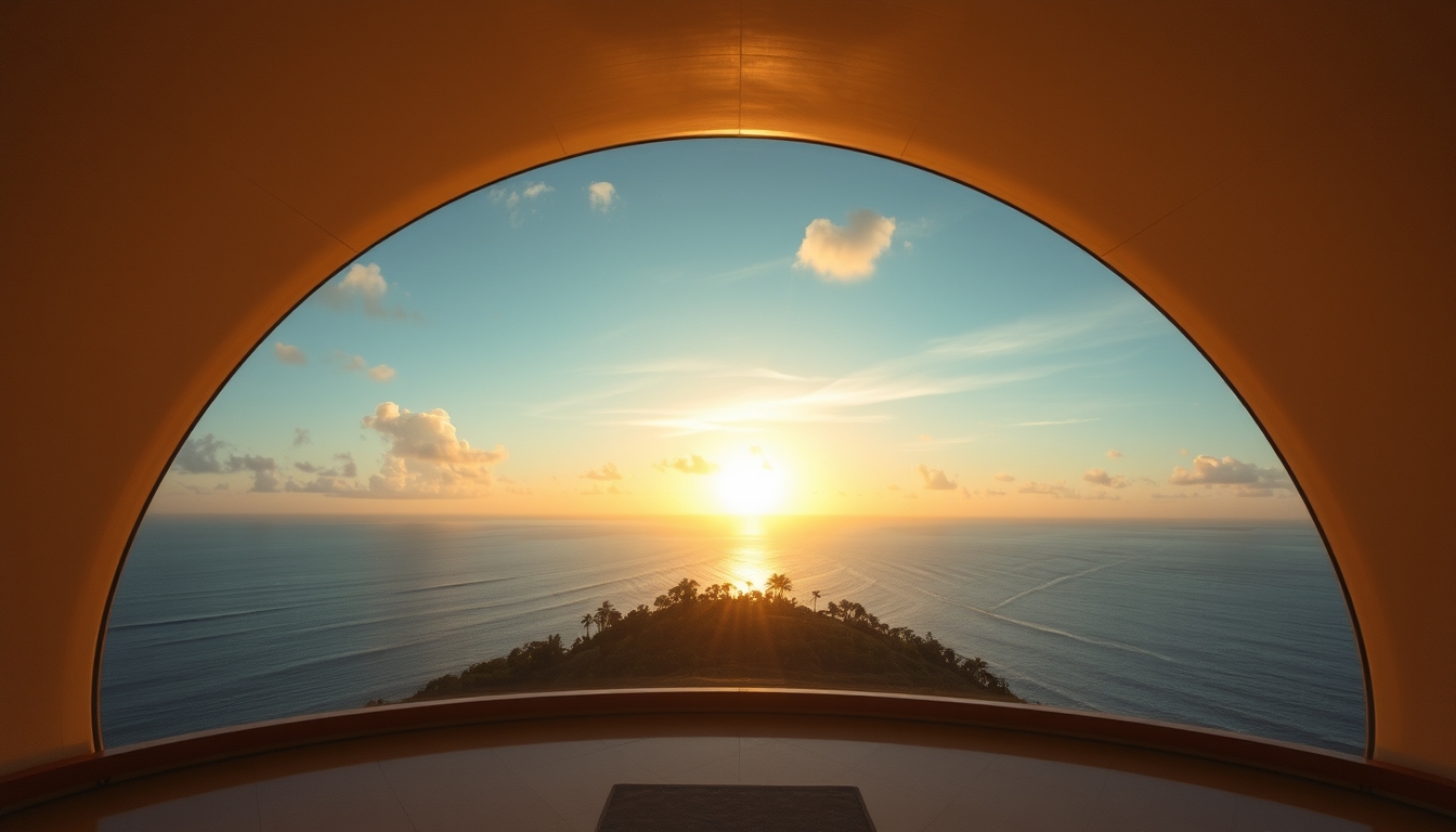 A breathtaking sunset viewed through a giant glass dome on a tropical island. - Image