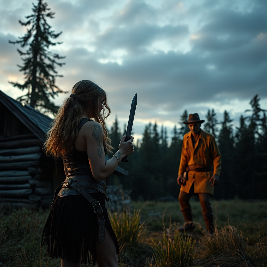 Real-life photography: In the evening, in the forest, there is a wooden cabin, and not far away, a female barbarian is holding a dagger, looking at a zombie in the distance. The zombie is dressed and wearing a hat.