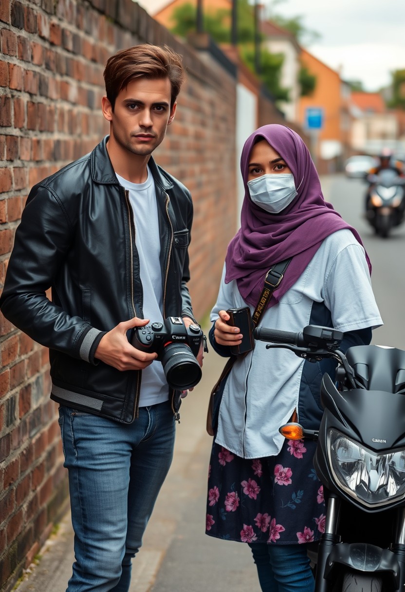 Jamie Dornan and Freddie Prinze head and body shot, handsome, young, serious face, dark brown hair, white T-shirt, college jacket, skinny jeans, sneakers, standing, discussing with a short purple hijab Muslim girl, beautiful eyes, face mask, black leather jacket, biggest floral skirt, holding a Canon DSLR camera, near a town road, superbike, hyper-realistic, street photography, brick wall, full body photo. - Image