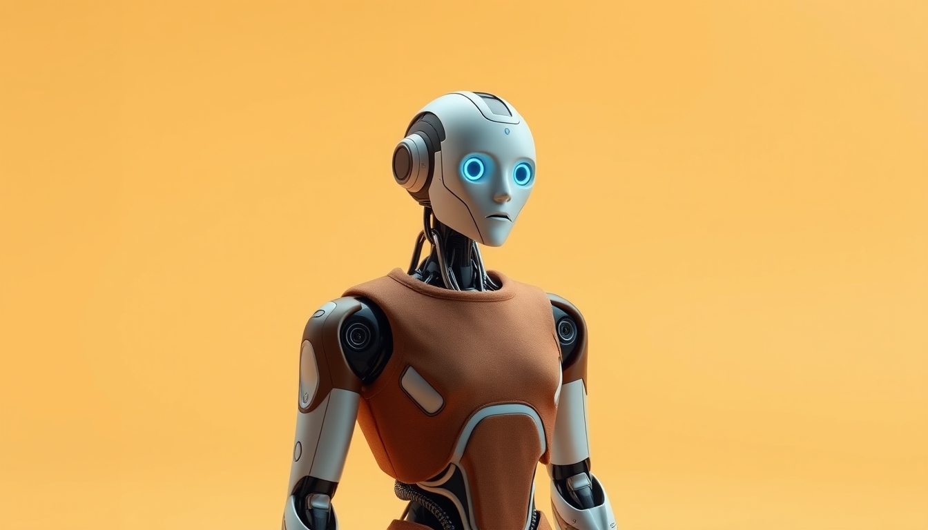 Photo portrait of a robot AI in a trendy brown outfit standing in an empty space, isolated on a color background, 8k UHD, high detail. - Image