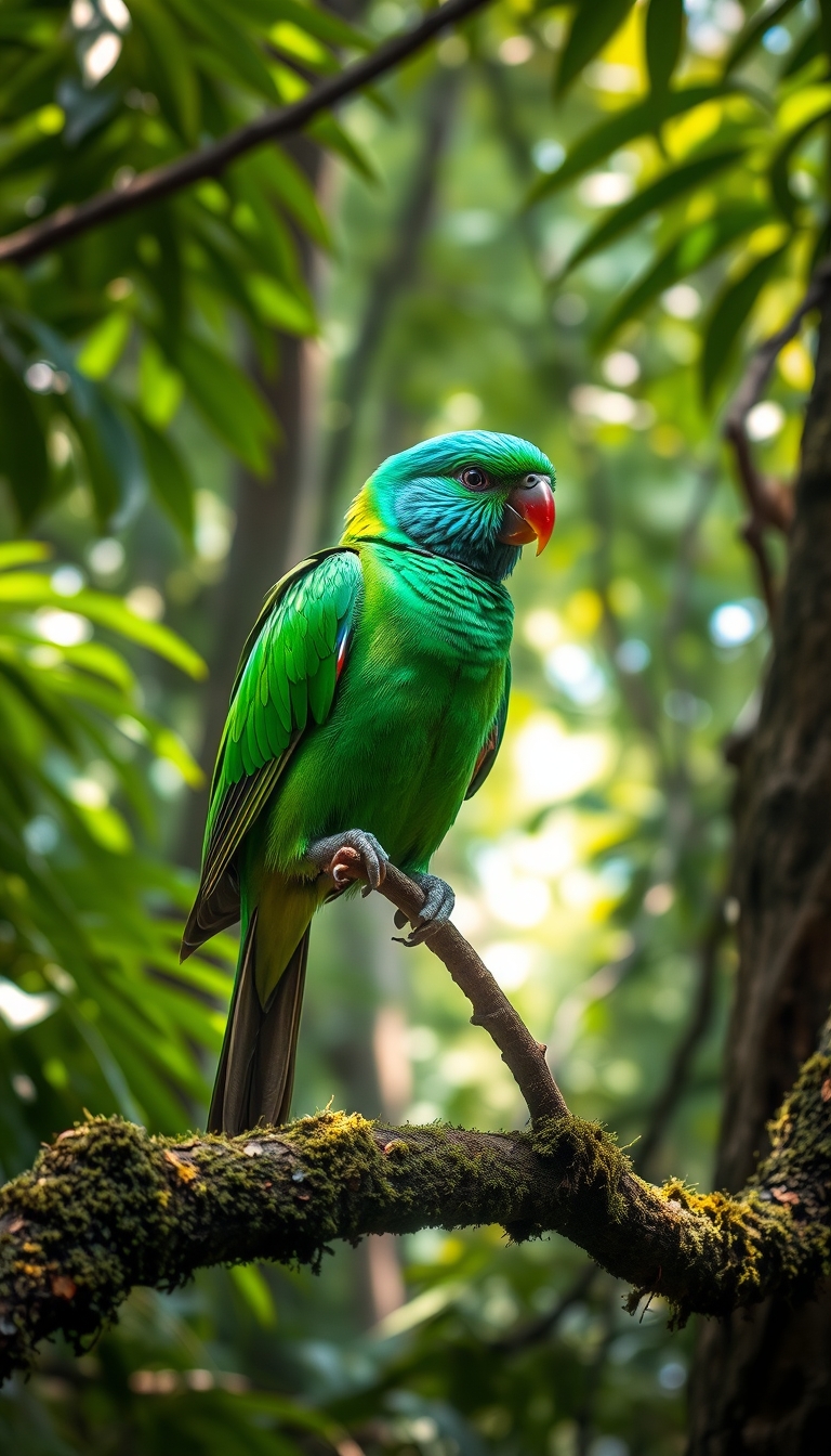 A vibrant emerald green bird with iridescent feathers, perched gracefully on a moss-covered branch in a dense, lush South American rainforest. The sunlight filters through the canopy, casting dappled light on the bird's plumage, highlighting its vibrant colors.