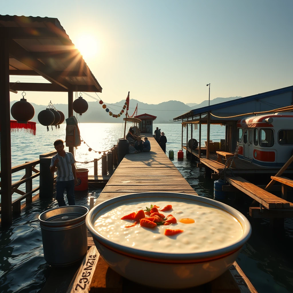 Once you arrive, why not indulge in a traditional breakfast at one of the island's quaint eateries, where the freshness of the seafood and the warmth of the porridge will invigorate your senses. Cheung Chau Island, morning sunlight, pristine dock, ocean, high-definition, Sony photography, realistic style.