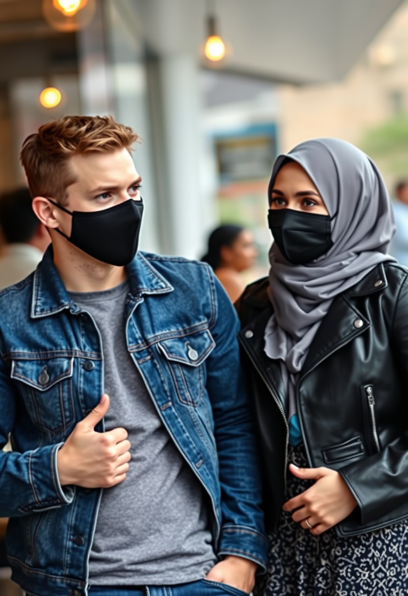 Jamie Dornan's head and body shot, handsome, face mask black, blue jeans jacket, jeans, dating, love couple with biggest grey hijab Muslim girl, beautiful eyes, face mask black, black leather jacket, biggest pattern skirt, talking at cafe, photorealistic. - Image