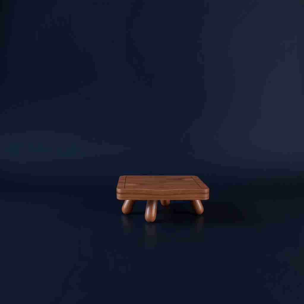 The image presents a 3D rendering of a board. The game board, made of wood, is the central focus of the image. It is a square board with a wooden top and a wooden bottom. The board has 4 legs. The board is set against a dark blue radial gradient background with an elegant dark brown color. - Image