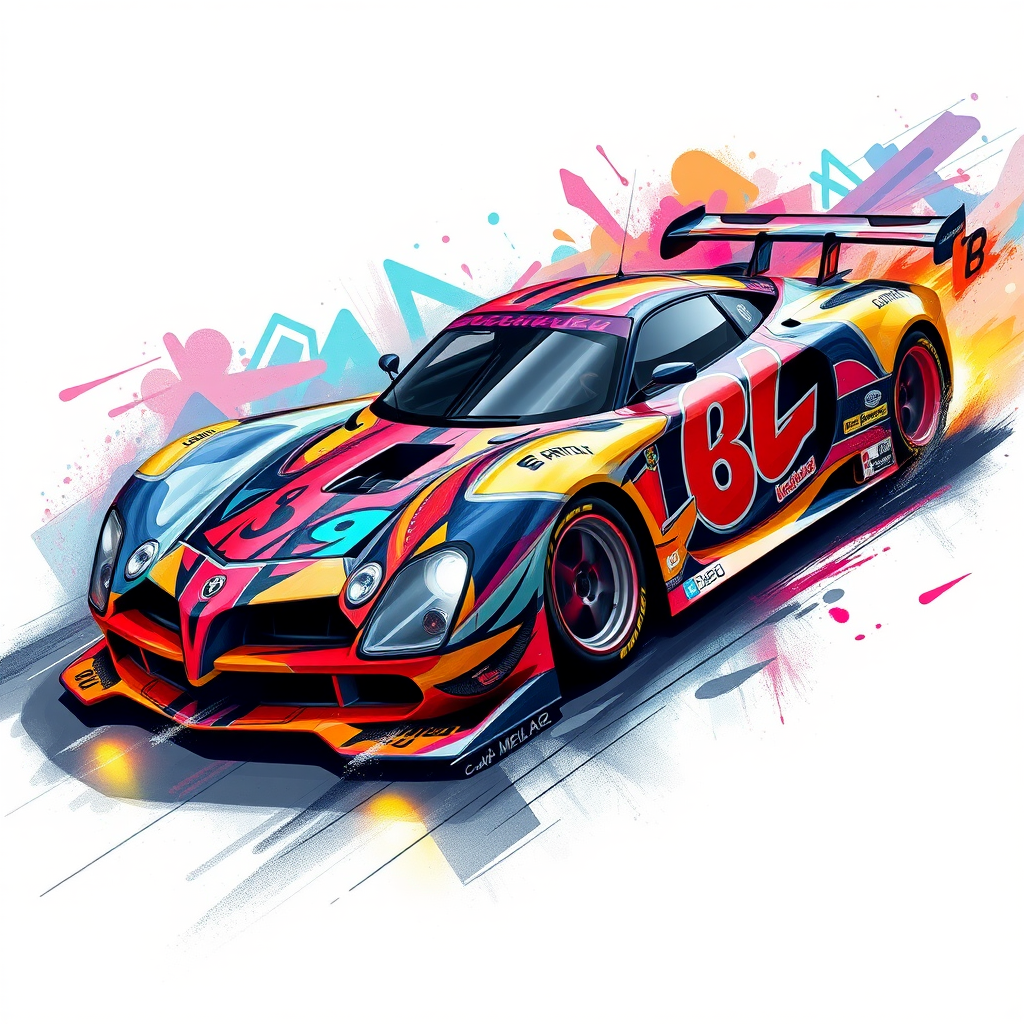 Stunning art in the style of dynamic street graffiti, showing an elegant racing car in motion, painted in bright colors, illuminated by soft diffused light.