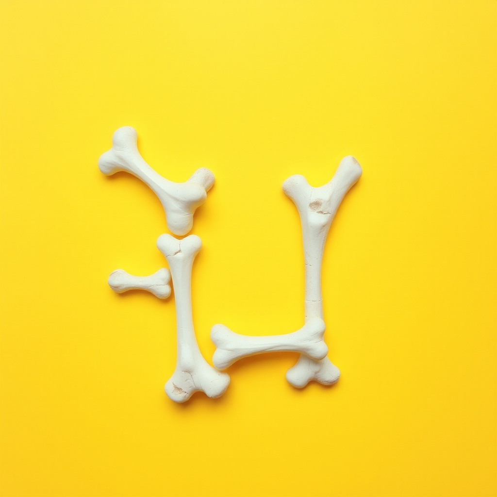 "a typo 'H' made of bones, yellow background, realistic photograph" - Image