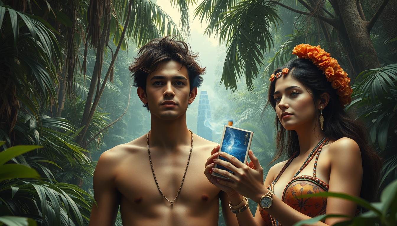 A male and female go on a spiritual quest in the Amazon Jungle and have a psychedelic experience by smoking mushrooms. They journey to the center of the jungle and find a futuristic city that has robots selling cigarettes.