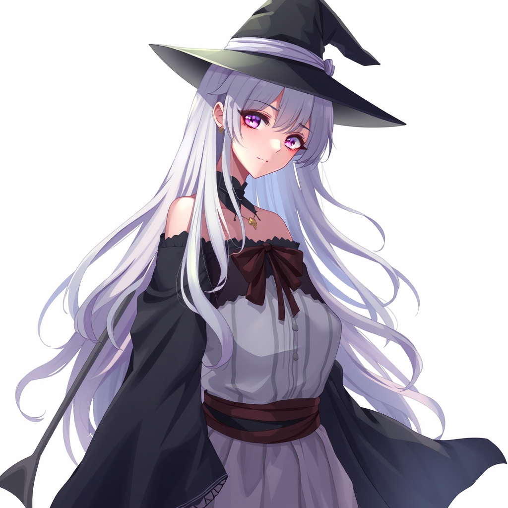 Anime art of a motherly woman witch, hair style, witch dress, natural reflective, detailed body, standing, white background, stunning details, trending on artstation, anime artwork, illustration quality, soft shadows. - Image