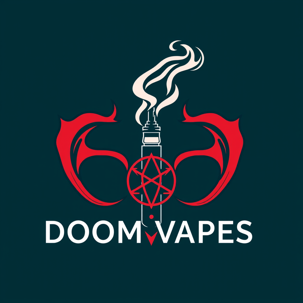 Sleek, minimalist logo for DoomVapes: stylized vape pen intertwined with demonic horns, emitting wispy smoke forming a subtle pentagram. Crimson and obsidian color scheme. Sharp, clean lines evoke modern tech and ancient occult symbols. Balanced composition exudes rebellious yet sophisticated atmosphere. - Image