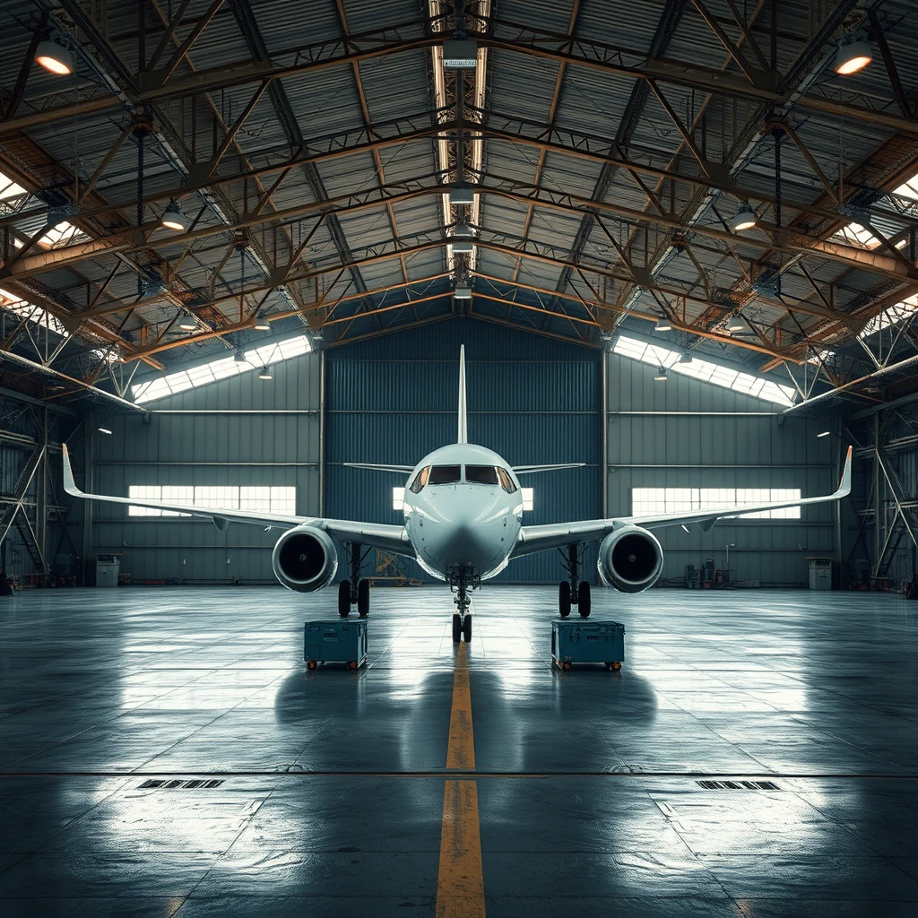 empty aircraft hangar interior environment tool boxes late afternoon atmospheric cinematic not airplane