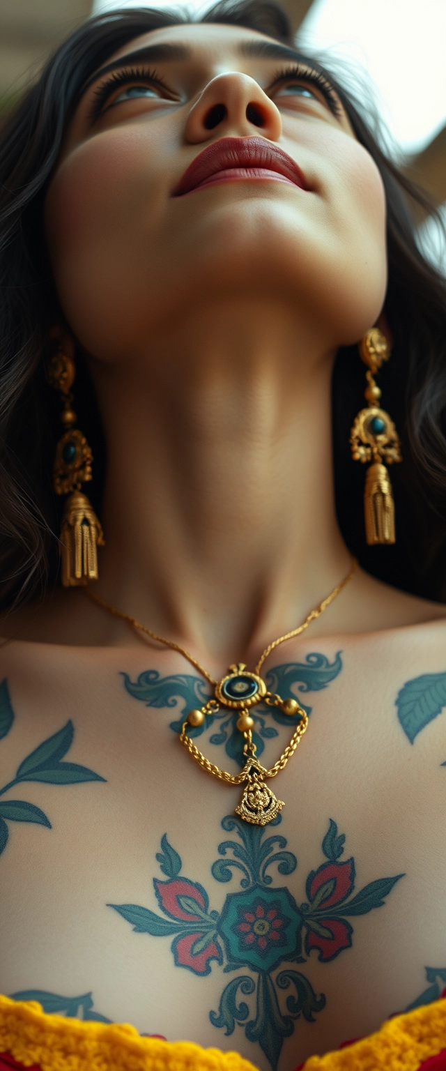 Close-up view of tattooed chest of a Korean-Indian woman with white skin, beautiful facial features, blue eyes, wearing gold ornaments, looking up.