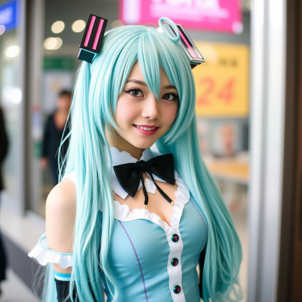 "Hatsune Miku cosplay, casual photograph."