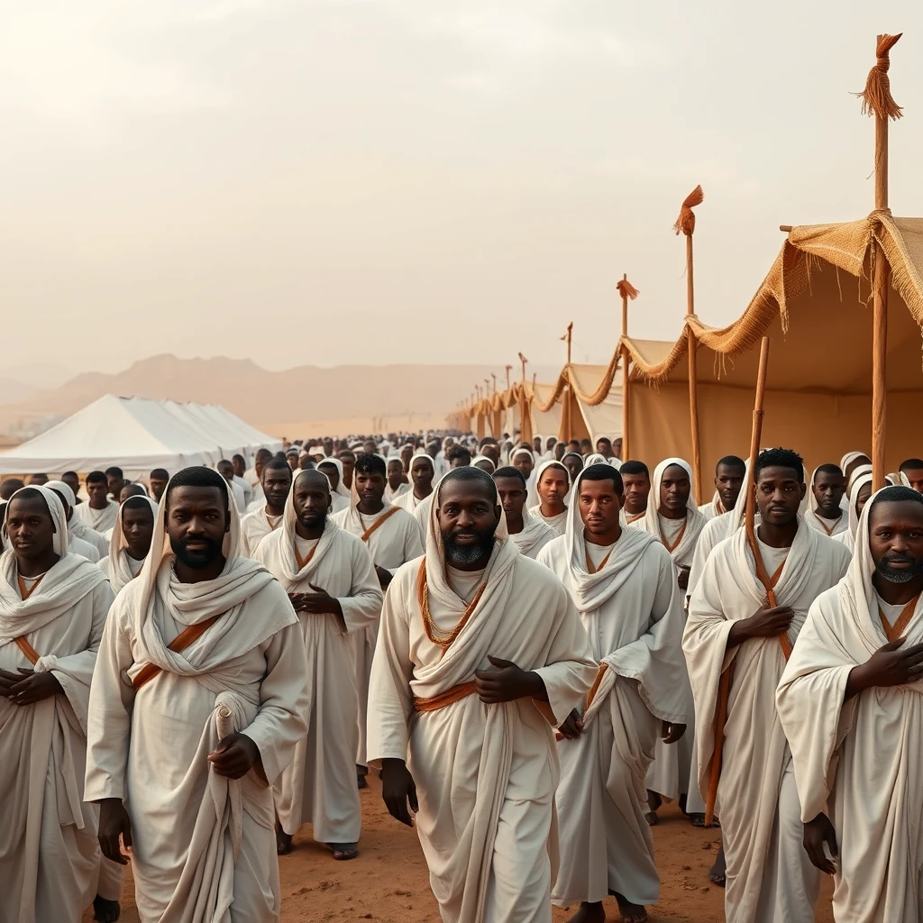 Photo-realistic image of multitudes of black people dressed in white in tents in the desert at the Exodus.