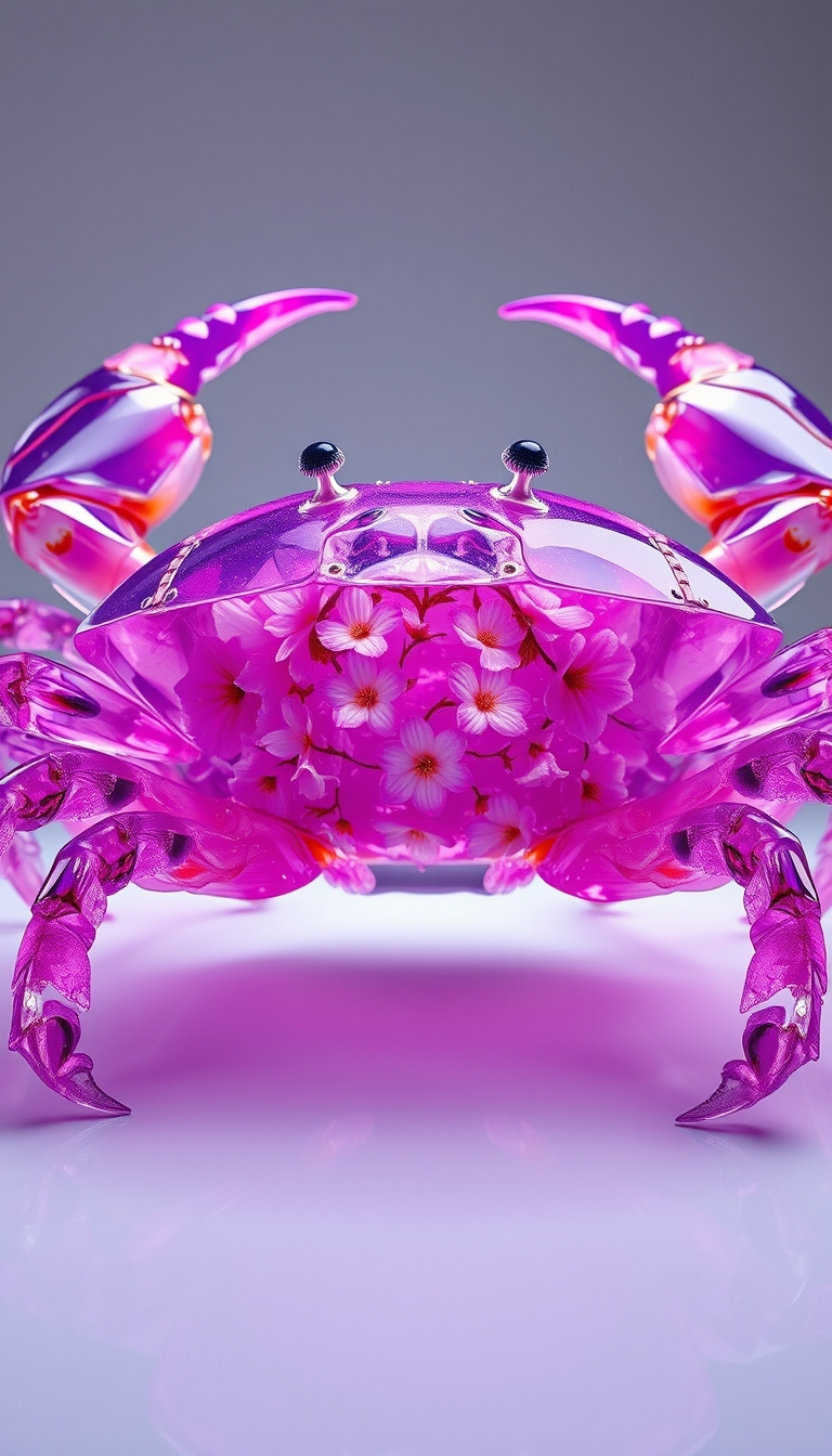 🦀🌸

Hyper realistic image of an amazing precious crab, transparent vibrant purple, large fantasy surrealism transparent crab made of epoxy resin, inside the crab is filled with vibrant sakura flowers filigree fractal, ultra HD 64k hyperrealism studio lightning light reflection. - Image