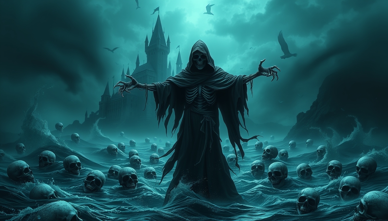 A skeletal grim reaper in a tattered black cloak stands amidst a stormy sea, arms outstretched, surrounded by floating skulls. A gothic necromancer's castle looms in the background. Dark, ethereal, and ominous atmosphere, digital art, teal tones. - Image