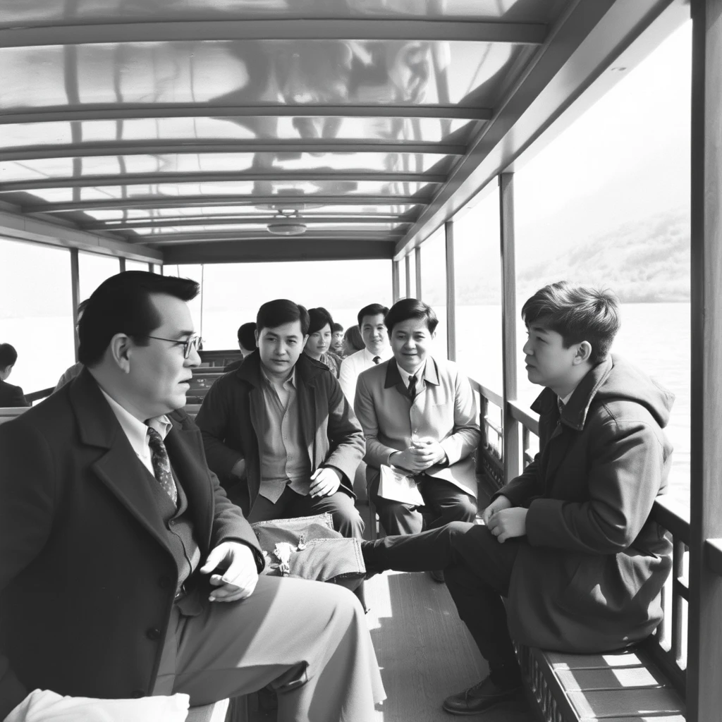 Black and white photo, in the 1960s on a riverboat in Jiang, Sichuan Province, China, people are chatting, including a middle-aged male teacher and a high school boy. - Image