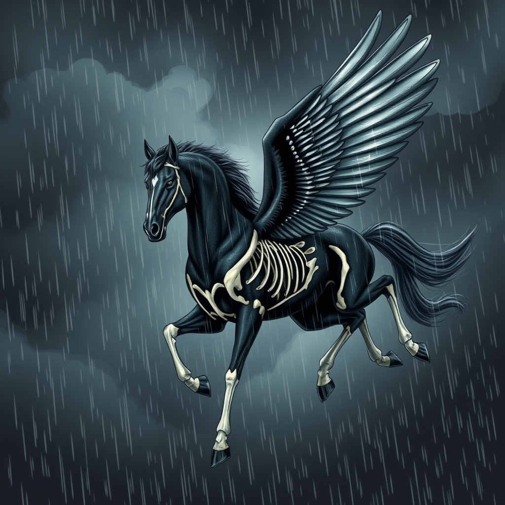 A black Pegasus flying through dark clouds while being drenched by rain. Raindrops are flowing down the Pegasus's face and body. White bones are exposed on its chest, legs, wings, neck, and face. - Image