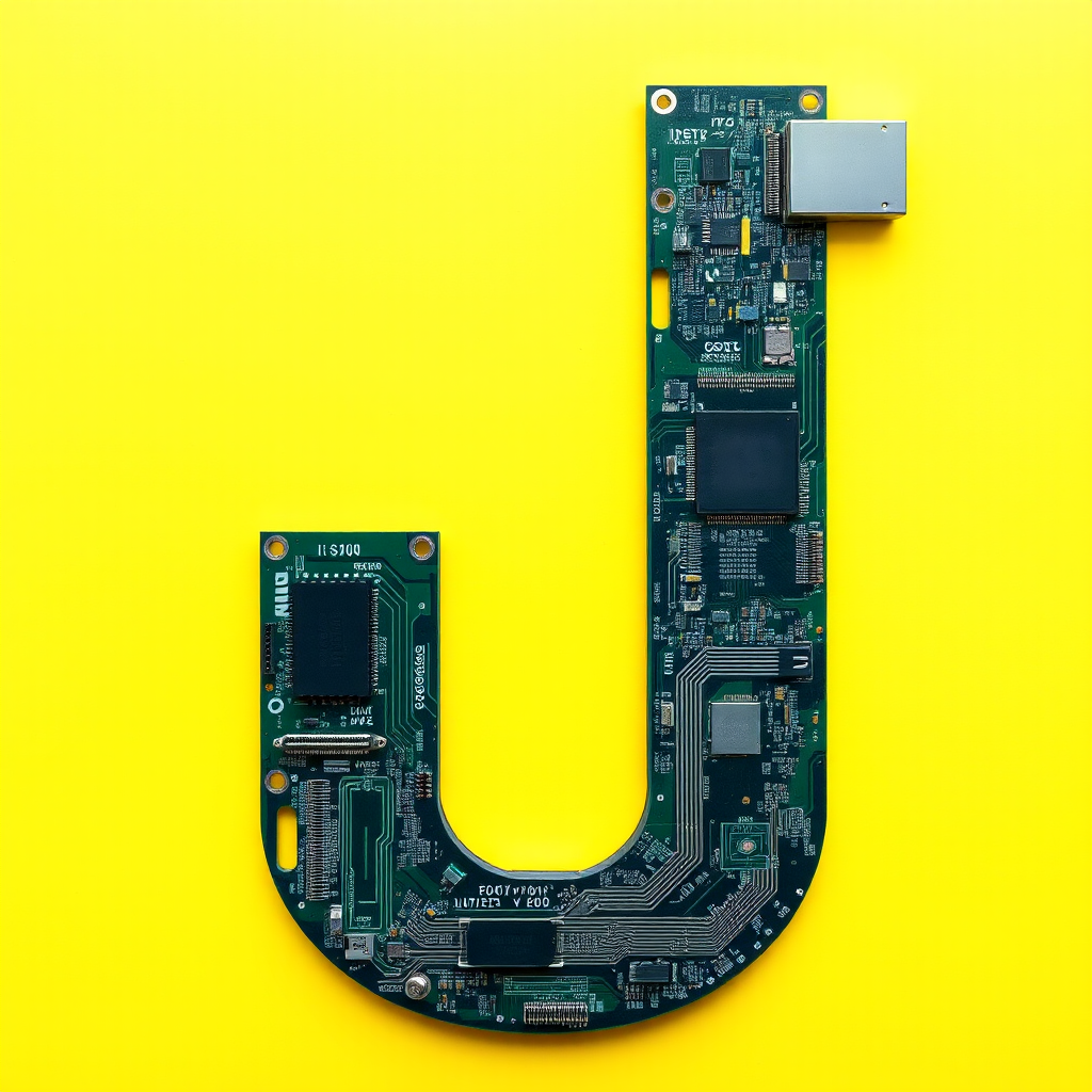 A letter "I" made of a computer motherboard, yellow background, realistic photograph. - Image