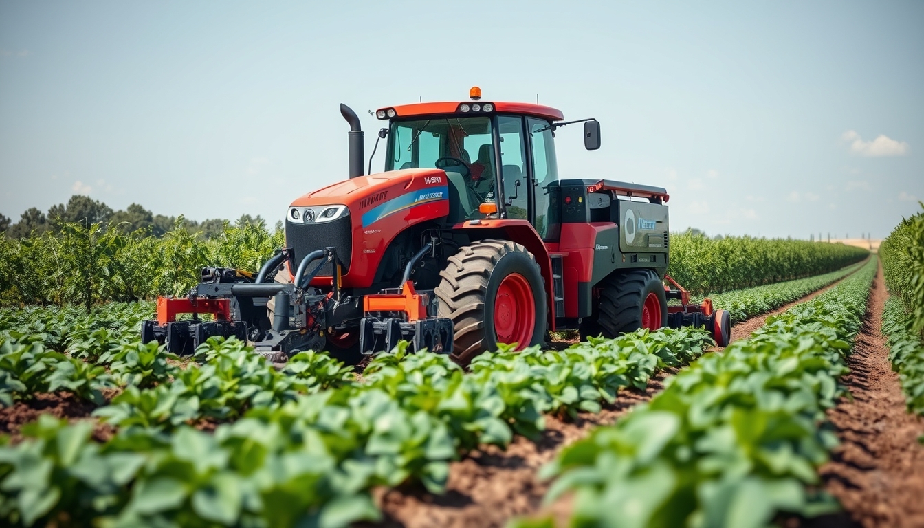 Smart farming with automated equipment, representing tech in agriculture.