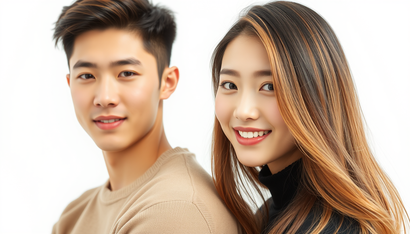 Handsome man and beautiful woman teenager couple from South Korea with great hair, with pure white background.