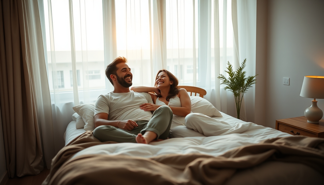 Laughing, a man and woman on a bed in the morning for love, support, and relaxation in an apartment. Happiness, a couple together at home for a date, care, and comedy or jokes with respect and affection for the weekend. - Image