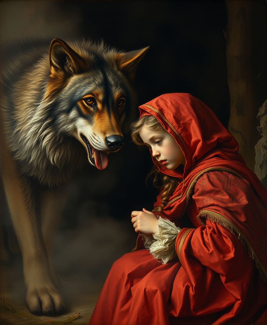 Little Red Riding Hood and the Wolf, In the style of Rembrandt's paintings, Old baroque style, Fine details sharpened, Image behind light fog, Visible brush strokes, Neoclassical