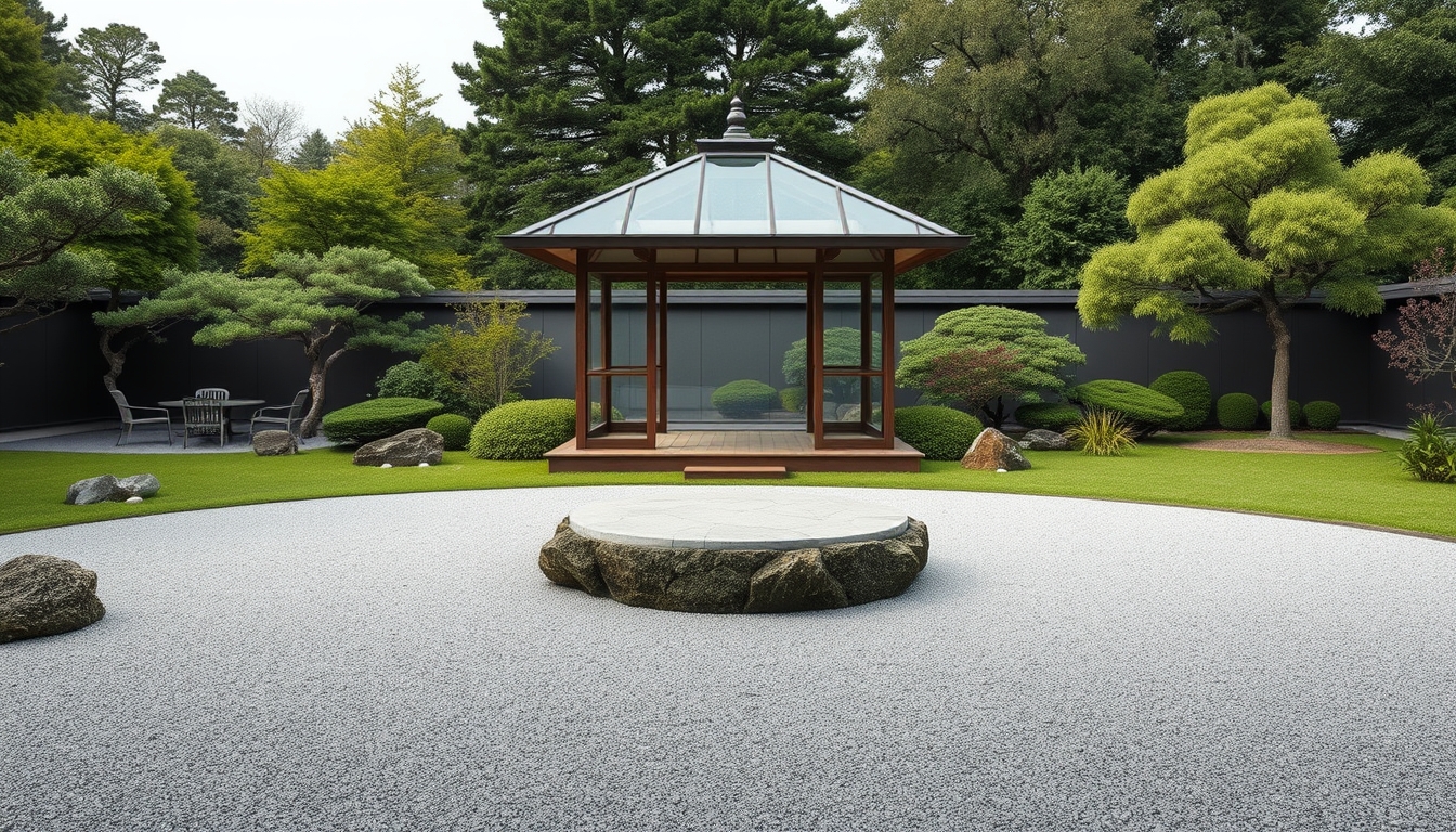 A tranquil zen garden with a glass meditation pavilion at its center. - Image