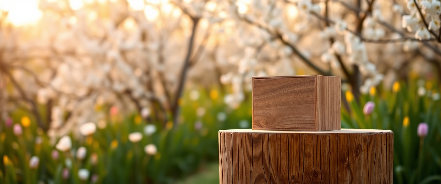 Charming Wooden Podium with Spring Background in Soft Afternoon Sun. - Image