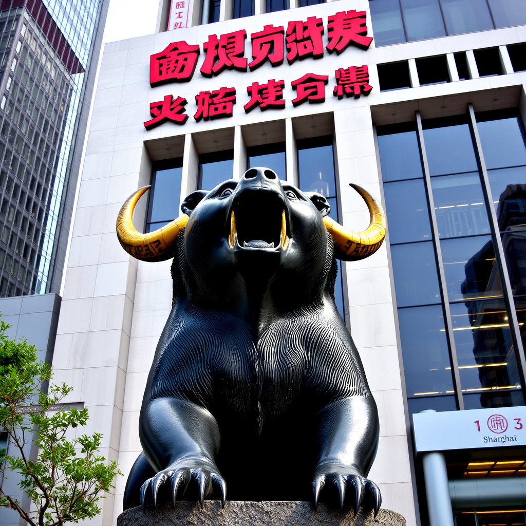 "Outside the Shanghai Stock Exchange, there is a statue of a bear with horns."