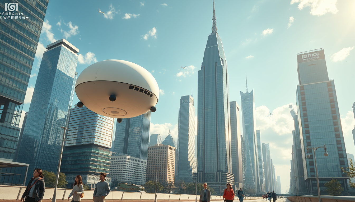 Create a stunning high-resolution image of the city of the future. The skyline should be filled with towering skyscrapers. Include a light-colored oval balloon-type robot flying rapidly through the air with tiny black balancers on either side of the balloon. There are some people walking on the street, Asian faces, wearing fashionable and avant-garde clothes, in a laid-back and pleasant atmosphere. The visual focus of the image highlights small balloon-type robots patrolling the air for safety, very beautiful clouds, and sunlight reflecting off the glass surfaces of the buildings, creating an atmosphere of excitement and innovation. Very clear and realistic details, 32K, top view.