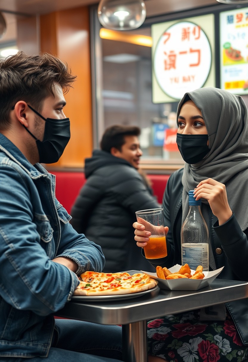 Jamie Dornan's head and body shot, handsome young man, black face mask, blue jeans jacket, jeans, dating a beautiful Muslim girl in a grey hijab with beautiful eyes, black face mask, black leather jacket, wearing the biggest floral skirt, at a hot pizza fast food restaurant, a plate of cheese pizza slices, a plate of Korean fried chicken and fries, a glass of soft drink, eating with three other randomly smiling friends in the background, photorealistic, hyper-realistic, street photography. - Image